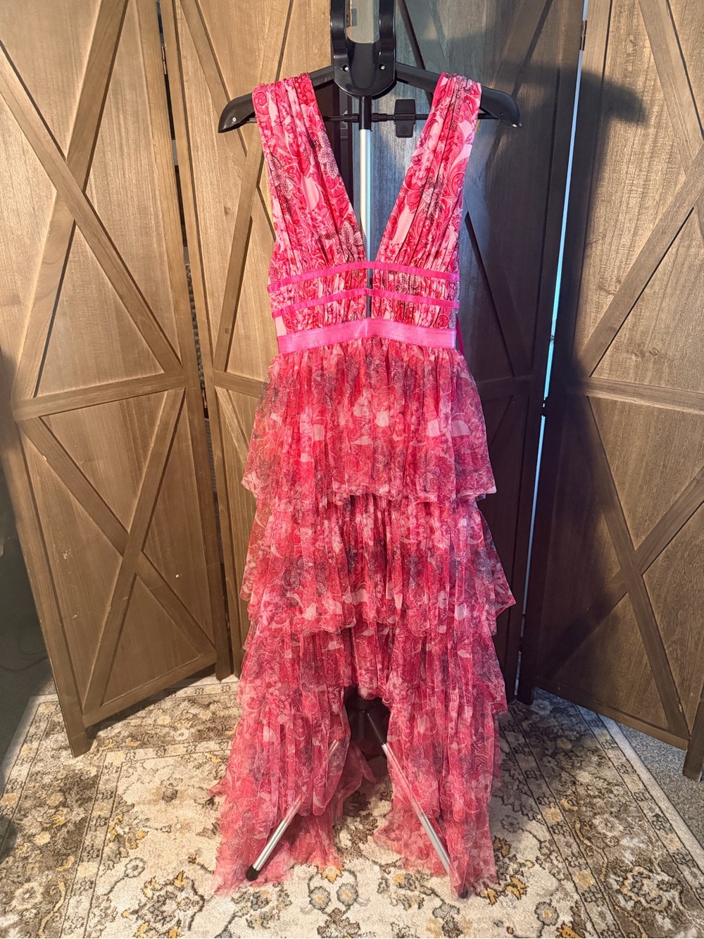 BEBE Pink Tiered Ruffled Maxi Dress (High Low)